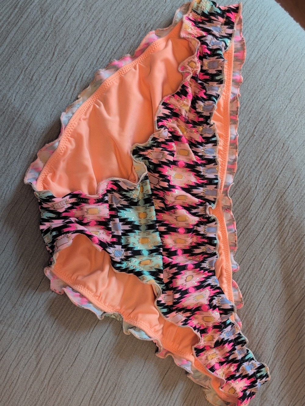 Vintage Peach Bikini Bottoms with Pink & Black Aztec Trim